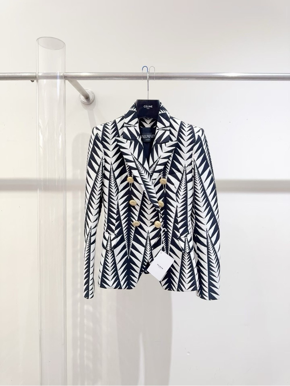 🚩steal Balmain Black & White Double-Breasted Patterned Blazer